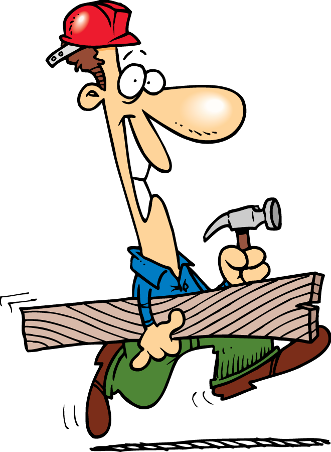 Toon A Day cartoon of a guy carrying a board and he is wearing a hard hat, carrying a hammer and smiling. 